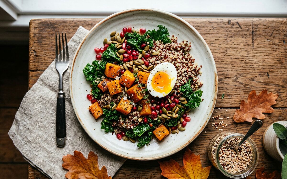 A seasonal bowl of squash, kale, quinoa and pomegranate