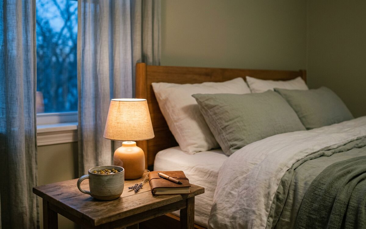 A calm bedroom at dusk with a warm lamp and a cup of tea