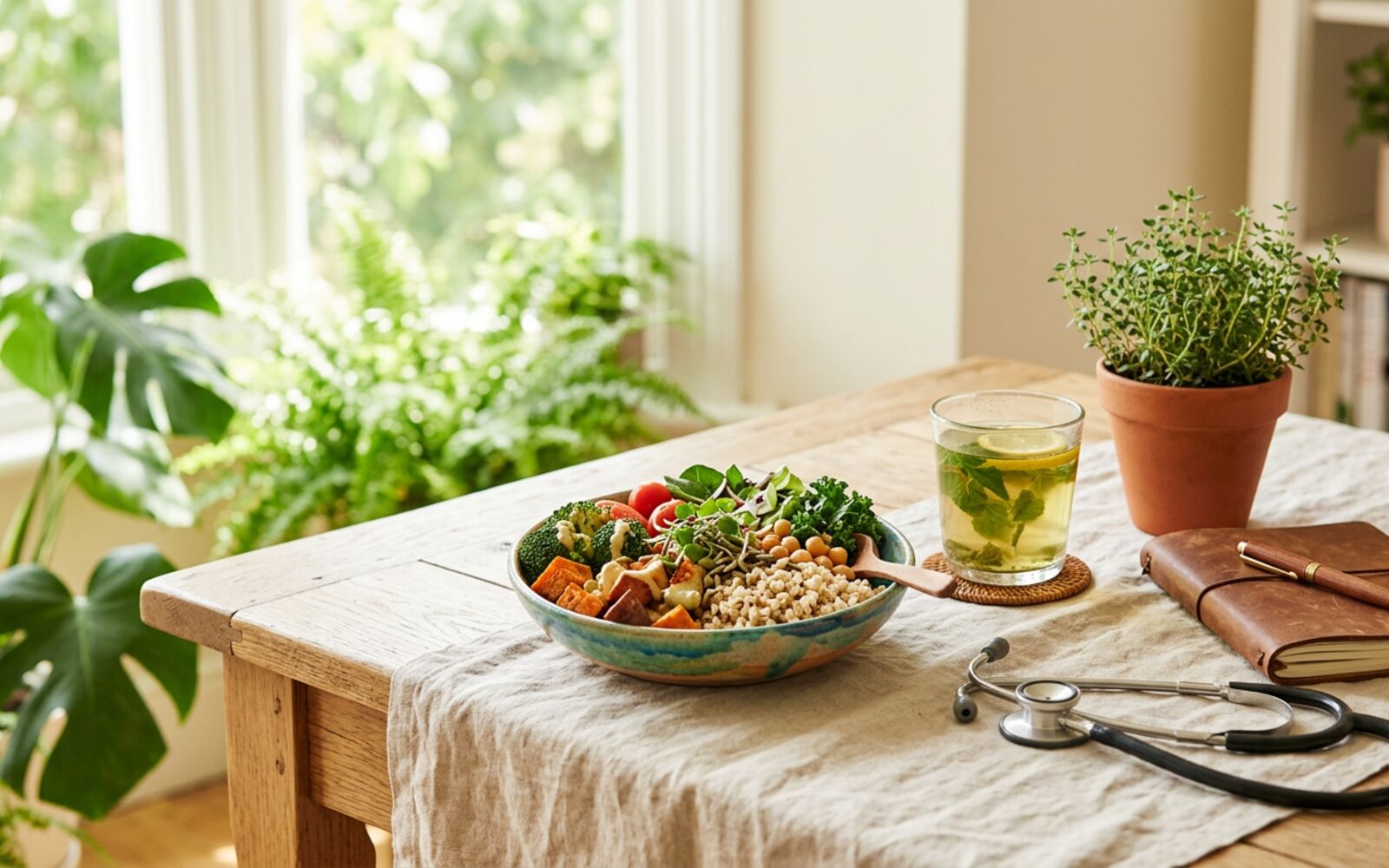 A sunlit table set with a nourishing grain bowl, herbal tea, a journal and a stethoscope