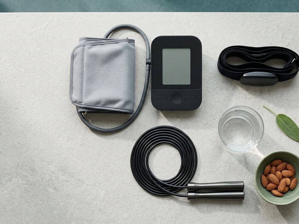 Blood pressure monitor and heart-rate strap arranged neatly