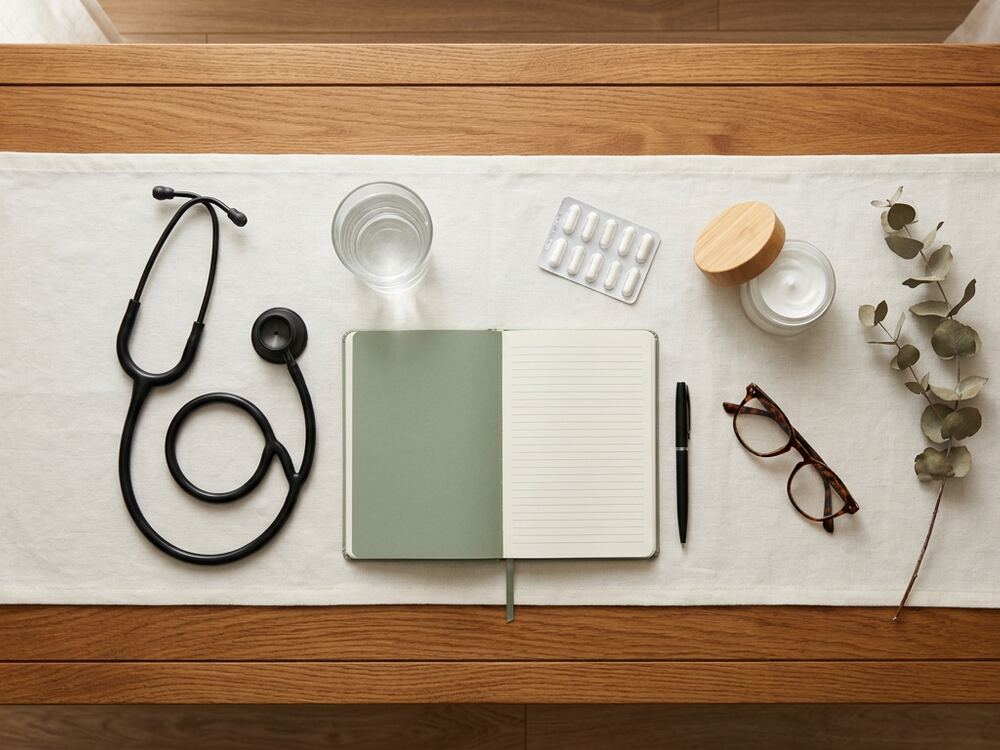 Stethoscope, notebook and water on a linen-covered table