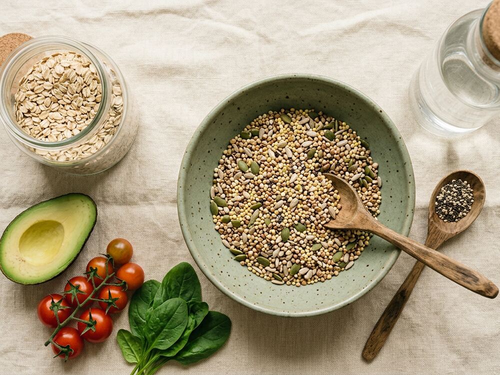 Grains, greens and a wooden spoon arranged for a nutrition consult